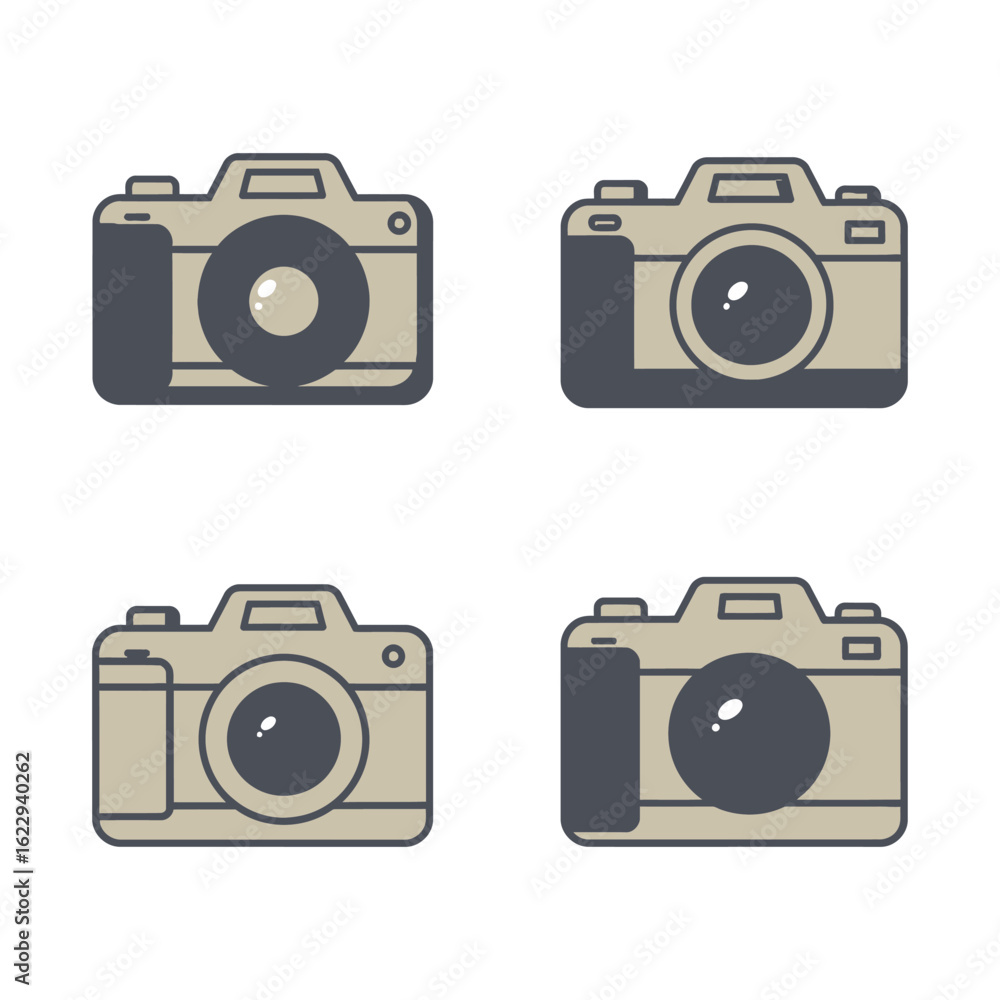 Poster Collection of Four Camera Icons in Different Colors and Styles Isolated