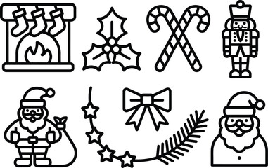 Christmas Outline Icons Fireplace, Santa, Nutcracker, Candy Canes on Transparent