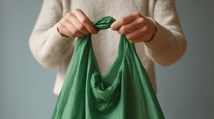 Eco-Conscious Knot: Close-up on hands knotting a vibrant green reusable shopping bag, embodying sustainable living and environmental responsibility.