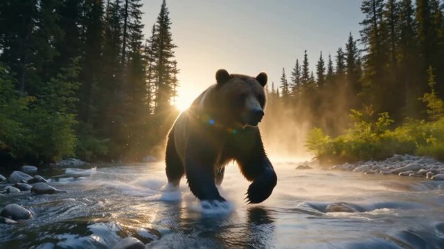 A grizzly bear sprints through a rushing river stream, water splashing around its powerful legs. Dense forest surrounds the river, sunlight filtering through the leaves.