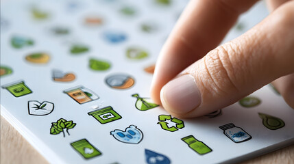 Environmentally Friendly: A close-up shot captures the essence of sustainable choice, with a hand carefully selecting a symbol.
