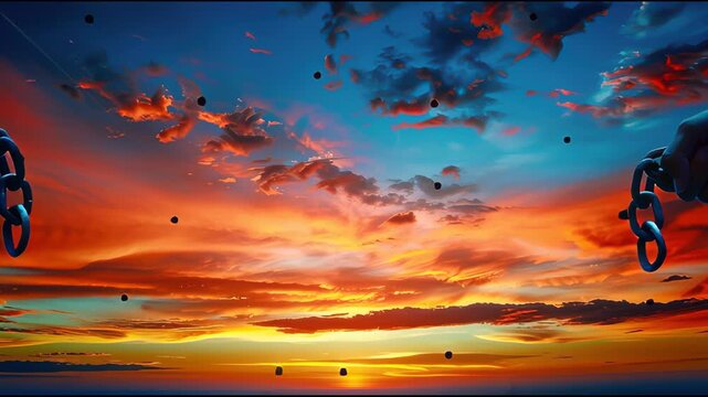 Breaking free: Muscular hands explode rusted chain links into sparks against a dramatic golden-orange sunset sky, symbolizing empowerment, resilience, and the human spirit&rsquo;s indomitable triumph over c