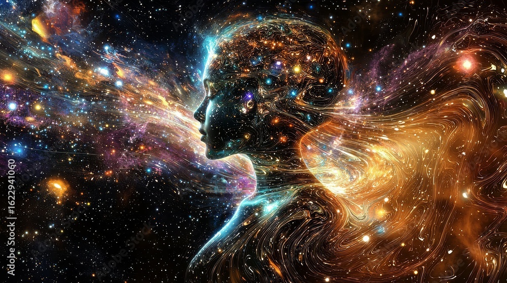 Poster the convergence of technology and the universe in a divine entity.