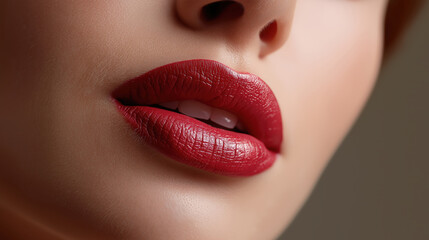 Close-Up of Beautiful Red Lips with Glossy Finish, Fashion Makeup, and Soft Skin Texture for Beauty and Cosmetic Advertising