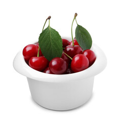 Yummy ripe red cherries in bowl isolated on white