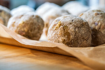 Self made bread dumplings in close up view which are as well called in Bavaria as Semmelknödel