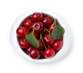 Yummy ripe red cherries in bowl isolated on white, top view
