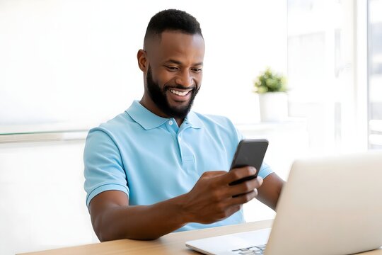 Happy african american man using smartphone near laptop for online shopping or social media use
