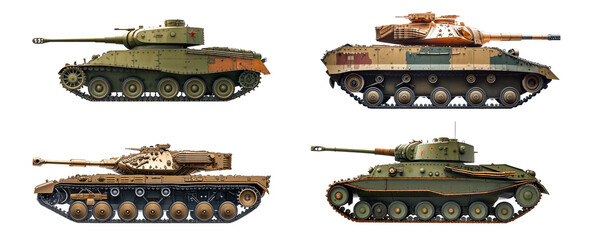 Four tanks isolated on transparent background displaying military power