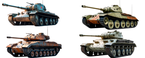 Four heavy tanks showing different camouflage patterns on transparent background