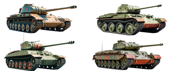 Four soviet tanks kv-13 with transparent background