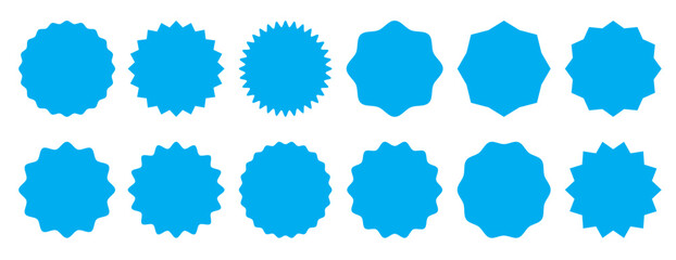 Sunburst sticker shapes. Rounded starburst zigzag badge, spiky oval, circle and star shaped price tag, discount and sale label stickers. Set of circles with zigzag edge.