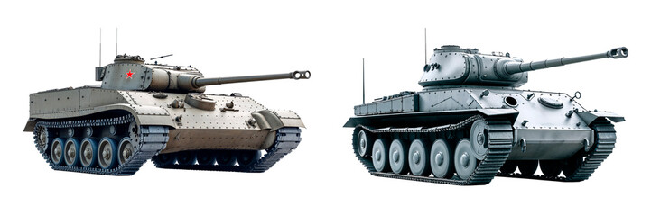 Two heavy tanks moving on transparent background