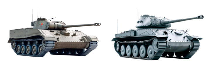 Two heavy tanks moving on transparent background