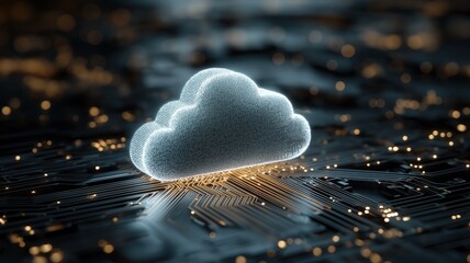 Futuristic glowing cloud icon on digital circuit board background, symbolizing modern cloud computing technology