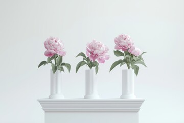 Fototapeta premium Pink peonies on white stone pedestals with soft lighting, minimalist elegant floral decoration in symmetrical composition
