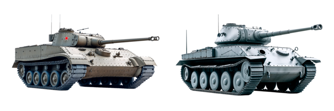 Two heavy tanks moving on transparent background