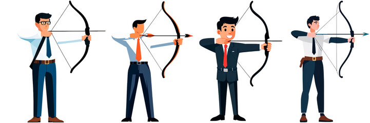 Businessmen aiming with bow and arrow on transparent background