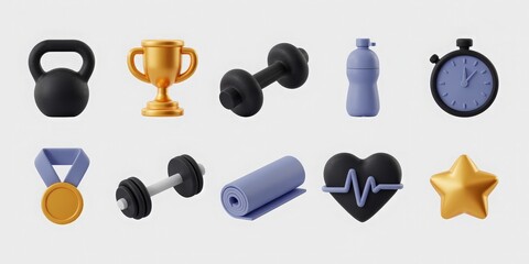 Set of 10 3D fitness and health icons on a white background, ideal for gym websites, health apps, and workout planners