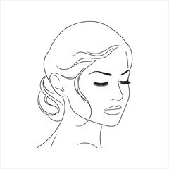 Beautiful woman face outline illustration. Elegant line art portrait of a girl with closed eyes and an updo hairstyle. Hand-drawn sketch for beauty, spa, fashion, or coloring page.
