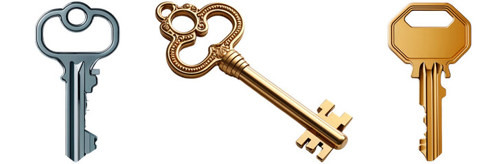 Three keys representing security, access, and problem solving on transparent background