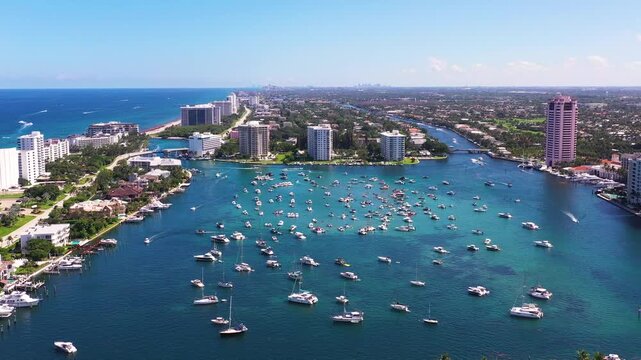 4k Aerial Footage of Boca Raton, Florida. Lagoon, Boats, Mansions, Resort, and Waterfront Condos Flying Forward. 