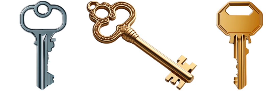 Three keys representing security, access, and problem solving on transparent background