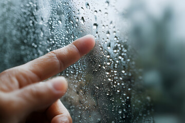 Raindrop Touch: A close-up of a finger gently touching a window covered in raindrops, the scene evokes a sense of introspection and connection with the elements.
