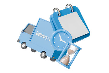 3d delivery service icon. time management concept. Minimal cartoon delivery truck clock calendar hourglass for logistics isolated on white transparent background. 3d render