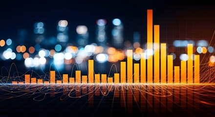 Abstract background with orange bar graph and blurred city lights
