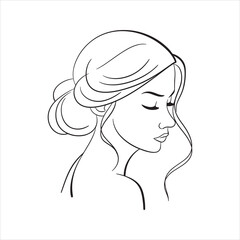 Beautiful woman face outline illustration. Elegant line art portrait of a girl with closed eyes and an updo hairstyle. Hand-drawn sketch for beauty, spa, fashion, or coloring page.
