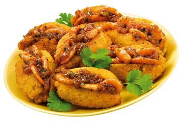 prato com receita brasileira de acarajé com camarão frito isolado em fundo transparente