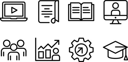 Education Icon Set, Line Art Style, Includes Video, Book, People, Data, and Graduate Cap