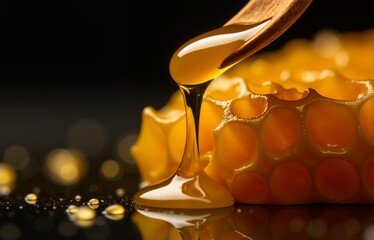 Golden honey dripping from wooden spoon onto honeycomb. Sweet and organic food concept in macro 3D style with warm lighting.