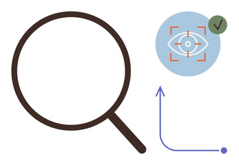 Magnifying glass with arrow, eye symbol, and target icon indicating focus, analytics, and precision. Ideal for research, observation, vision accuracy progress insights discovery. Clean flat
