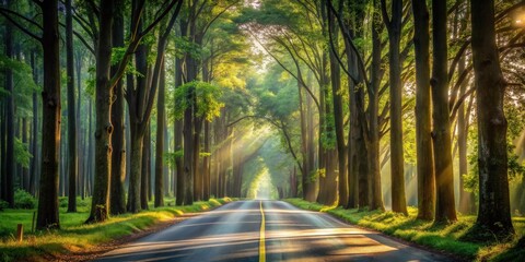 Naklejka premium Sunlit Pathway Through a Verdant Forest Canopy, Leading to a Serene Destination