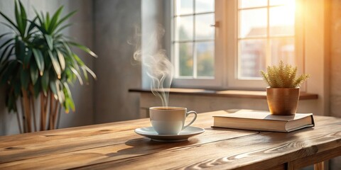 Morning sunlight illuminates a steaming cup of coffee on a rustic wooden table, accompanied by a potted plant and a book, creating a serene and peaceful atmosphere.