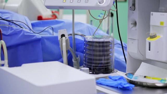 Modern lung ventilation machine with a rising and dropping pump. Advanced medical equipment working in surgery room.