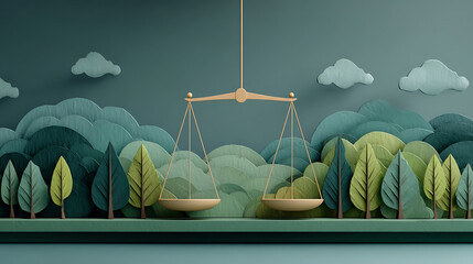 Abstract balance scale in nature scene with paper art style