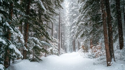 Snowy Forest Path Through Evergreen Trees