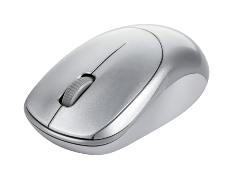 Silver wireless mouse computer technology device scroll wheel design on transparent background - Powered by Adobe