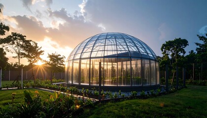 Fototapeta premium Glass Greenhouse at Sunset with Sky Reflection in Garden