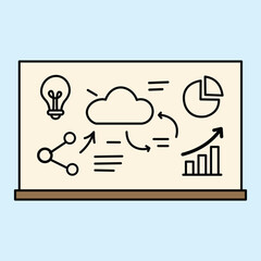 The image of a whiteboard with business icons such as graphs, ideas, and clouds connected by arrows shows the concept of teamwork and growth strategy.