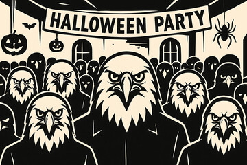 Vintage poster illustration of old woman and skull face people at a Halloween party invitation card design