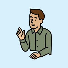 Illustration of a man wearing a green shirt talking with a friendly expression indicating a communication or presentation situation.