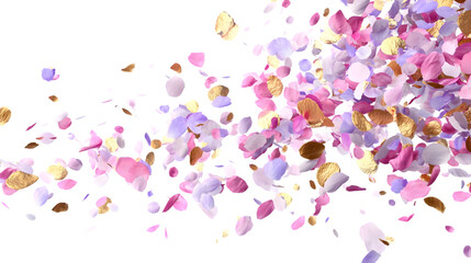 Colorful confetti and party streamers create a vibrant pattern on a white background, perfect for a birthday celebration design