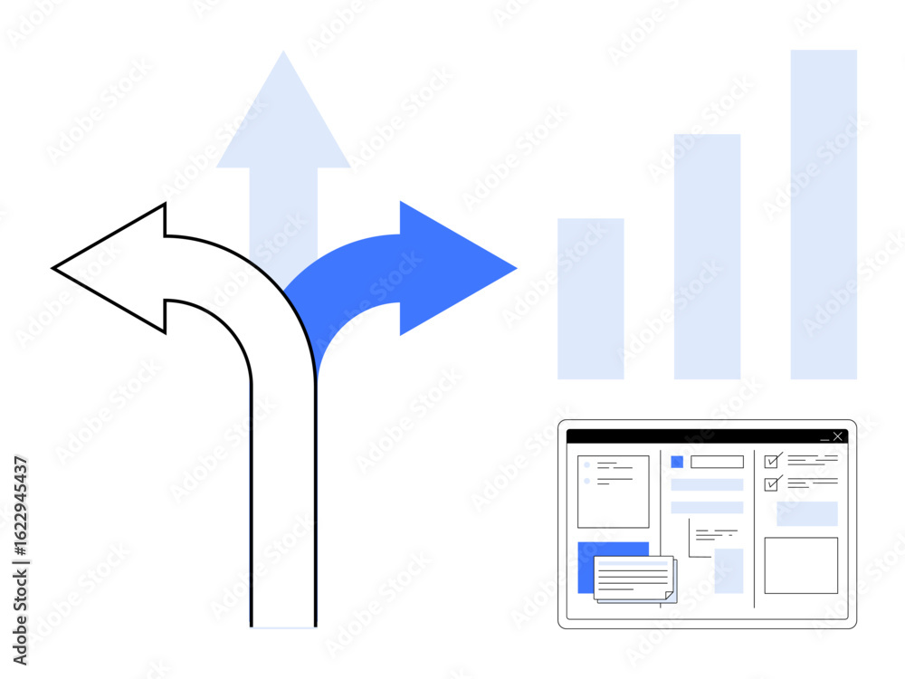 Poster arrow path indicating choices, bar chart denoting growth, and a browser interface with content. idea