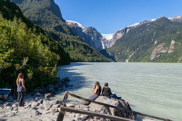 Tourists admiring hanging glacier queulat national park chile patagonia
