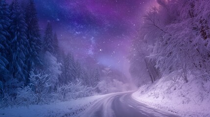 Enchanted Winter Road Under Starry Sky