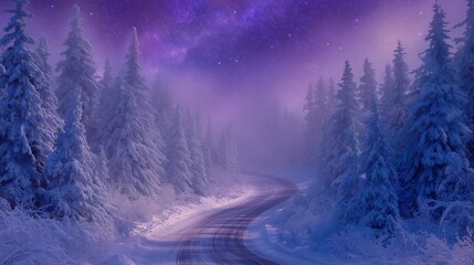 Enchanted Winter Road Under Starry Sky